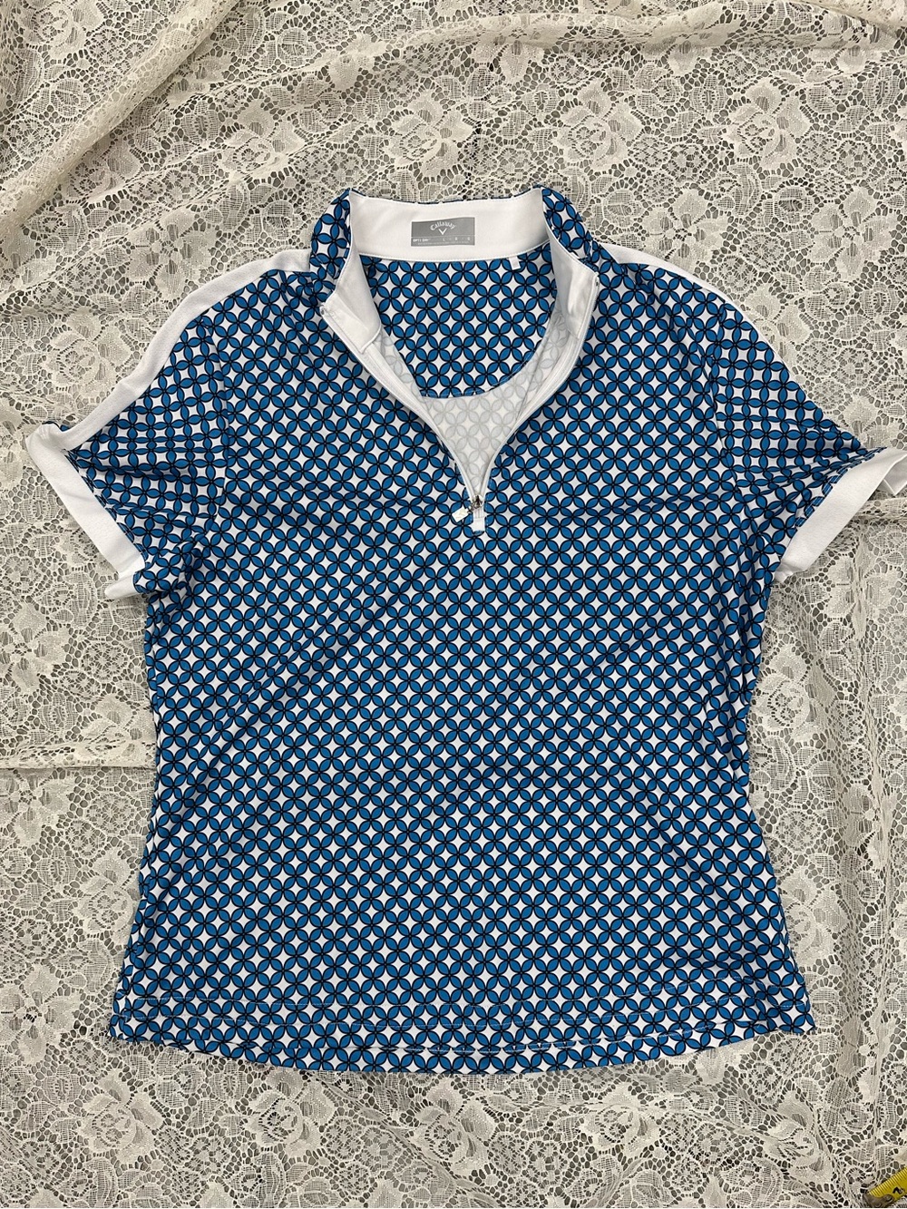 Callaway Blue Geo-Print Short Sleeve Polo Quarter Zip Size L